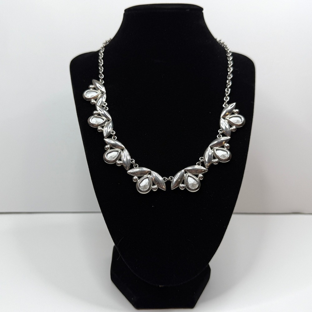 Floral Rhinestone Accent Statement Necklace Silver Tone Fashion Jewelry 22 in L